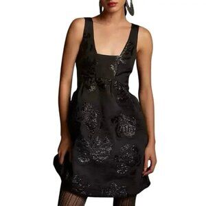 Jacquard Black Floral Mini Dress With Pockets, Maeve by Anthropologie